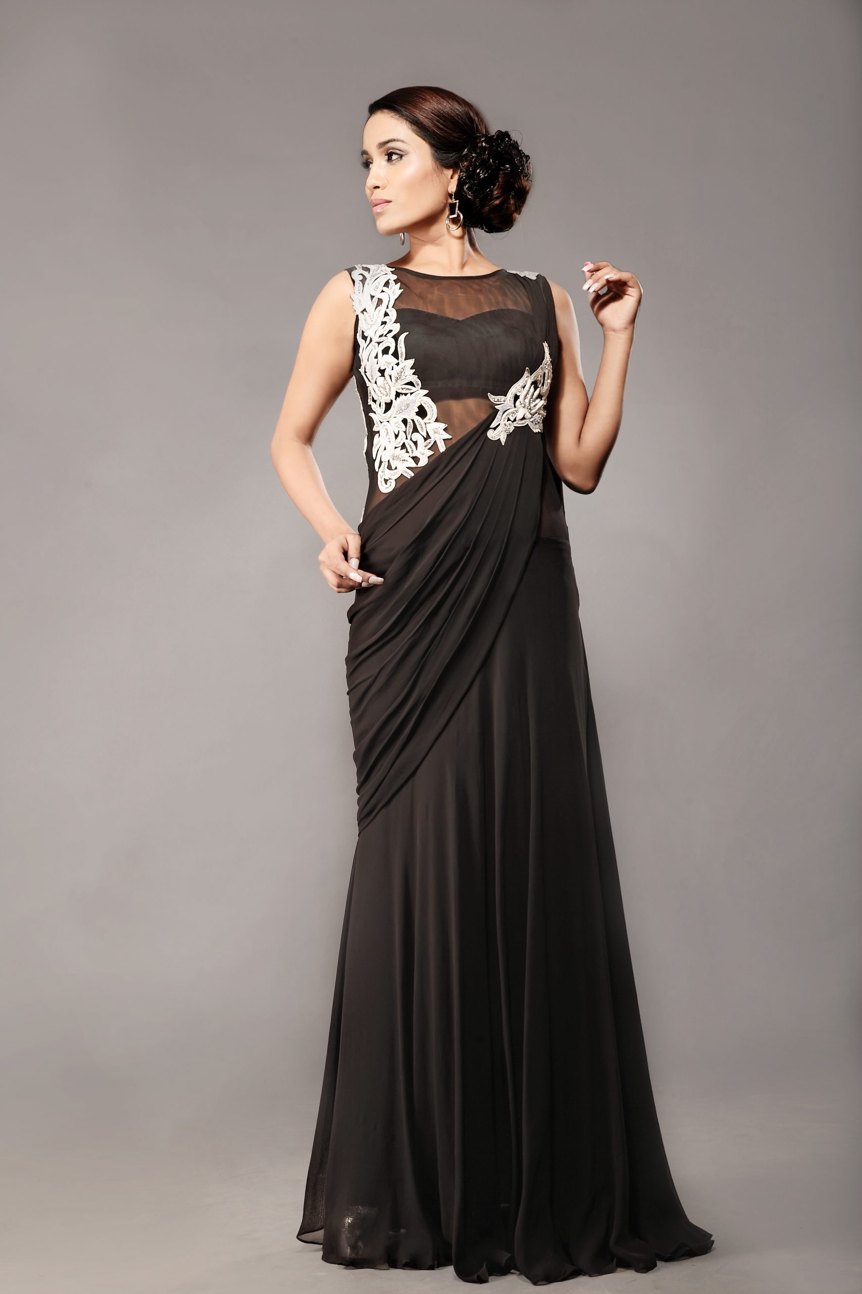 Black color weaving zari work jacquard silk Gown