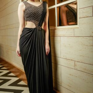 Black cocktail pre draped gown sari