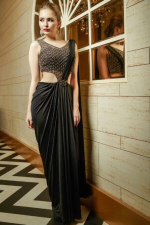 Black cocktail pre draped gown sari