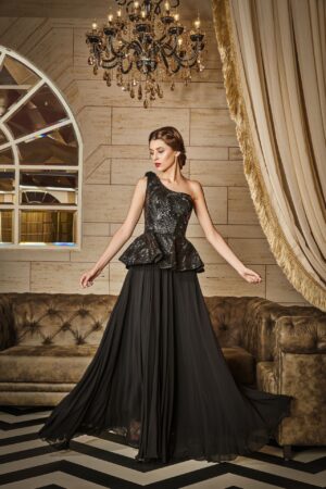 Fluid Black Peplum Event Gown