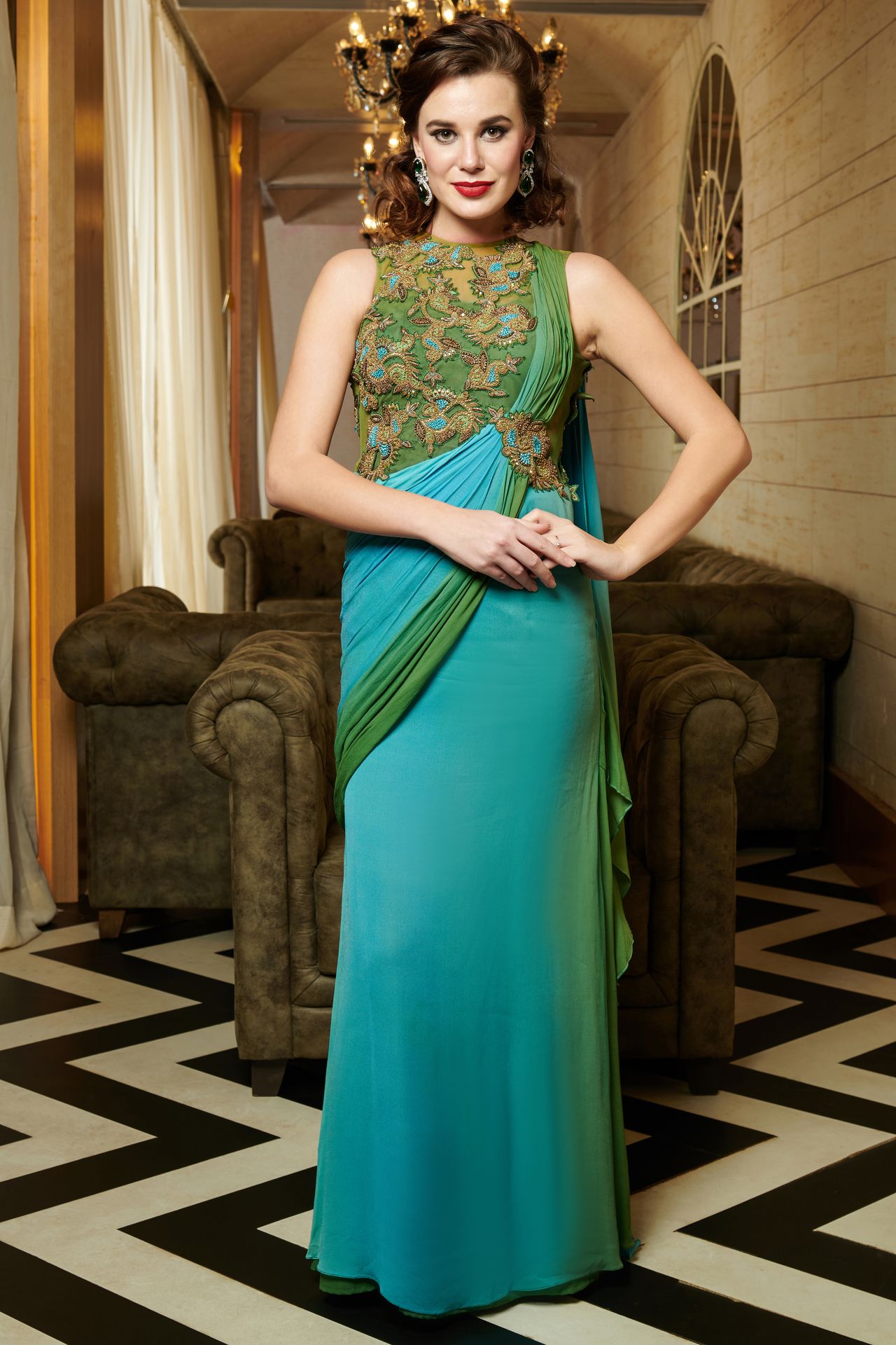 Designer Indo Western MOH4711 Party Wear Beige Silk Lycra Saree Gown